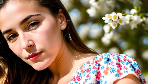 A woman stands in front of a flowering tree