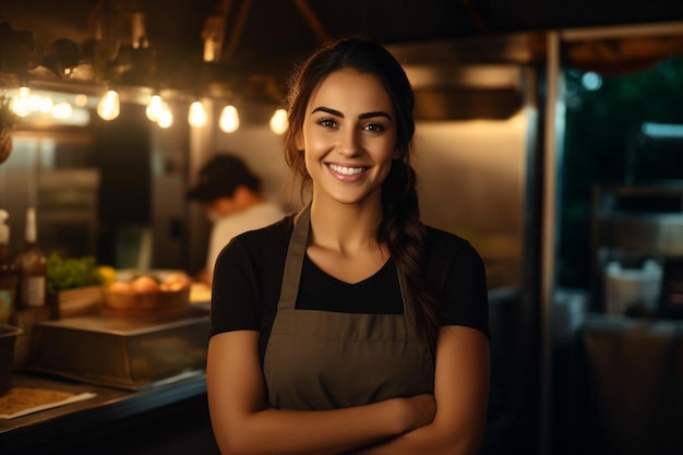 a woman stands in front of a food stall with her arms crossed