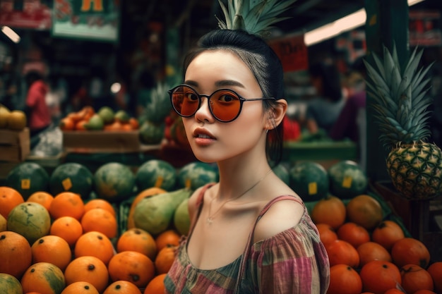 A woman stands in front of a fruit stand with a sign that says'i'm a fruit seller '