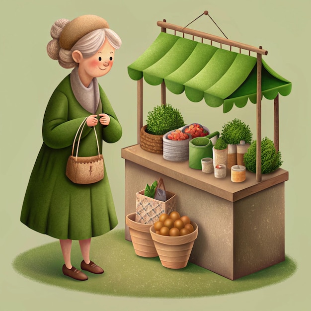 Photo a woman stands in front of a fruit stand with a woman shopping in a green coat