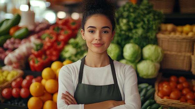 a woman stands in front of a fruit and vegetable stand with her arms crossed