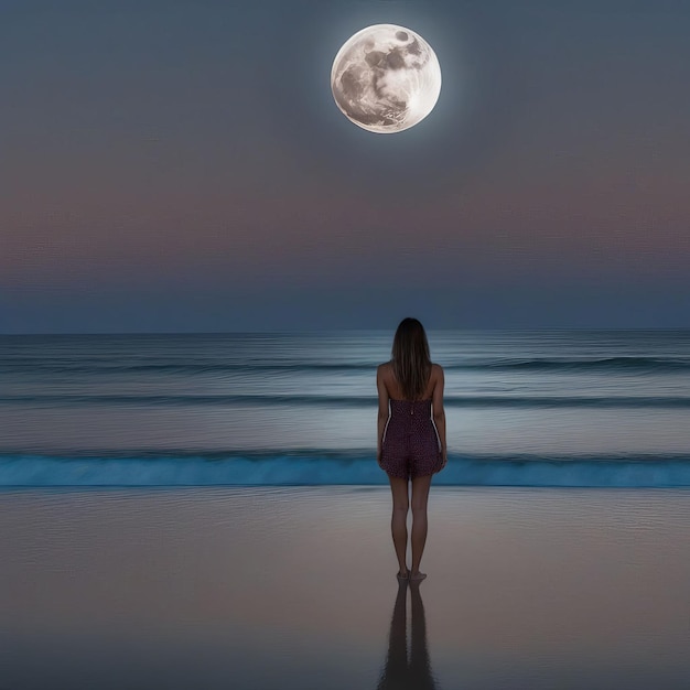 a woman stands in front of a full moon