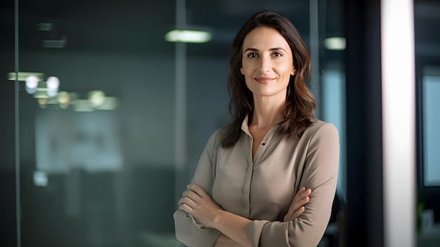 A woman stands in front of a glass wall with her arms crossed.