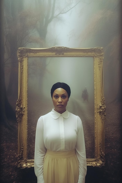 A woman stands in front of a gold frame that says'the dark side '