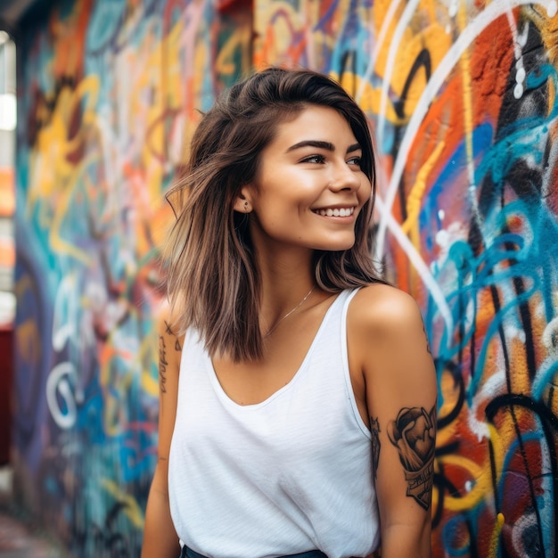 A woman stands in front of a graffiti wall