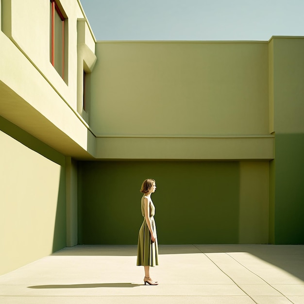 a woman stands in front of a green garage door