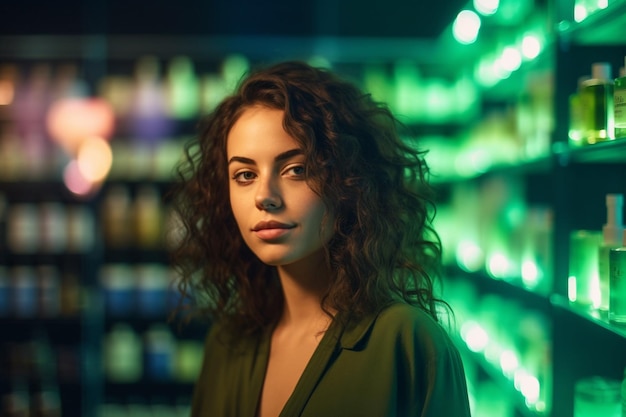 A woman stands in front of a green wall with a green light behind her.