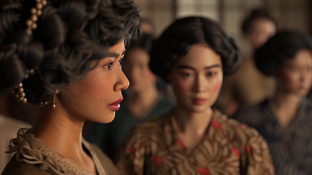 a woman stands in front of a group of people in dresses