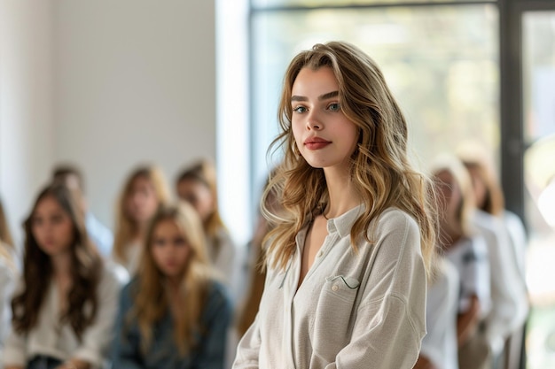 a woman stands in front of a group of people