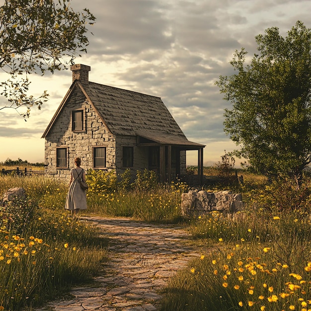 Photo a woman stands in front of a house that has a stone foundation