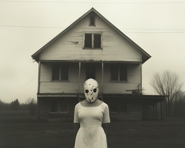 Photo a woman stands in front of a house with a mask on it