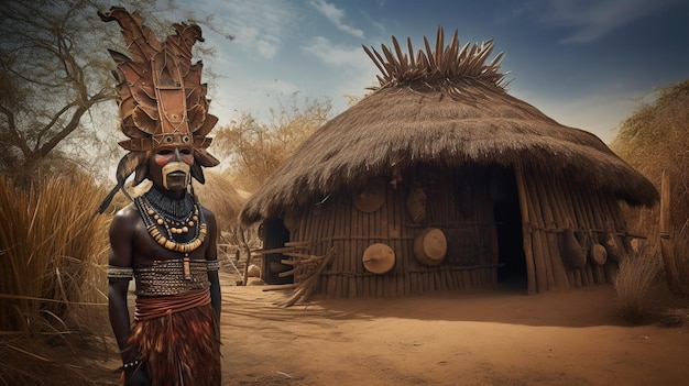 A woman stands in front of a hut with a large headdress and a large headdress.