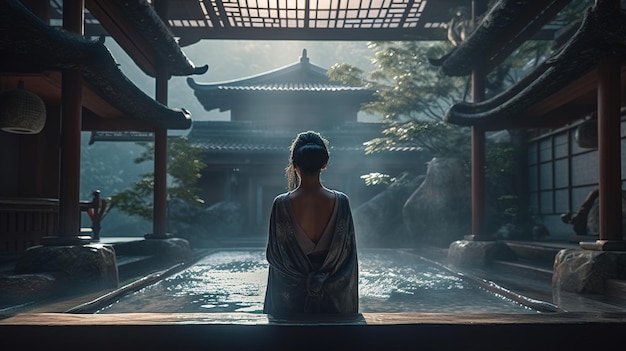 A woman stands in front of a japanese architecture building