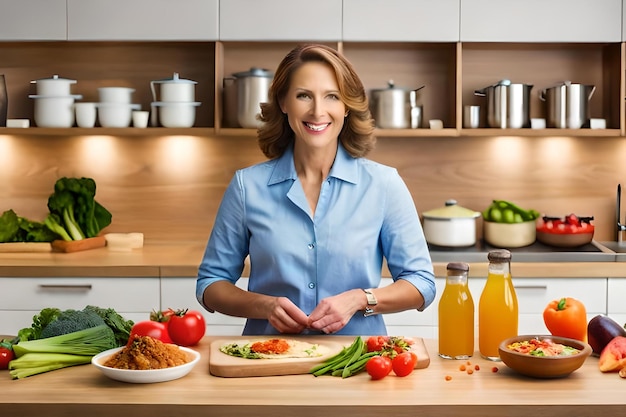 A woman stands in front of a kitchen counter full of food.