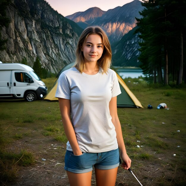 a woman stands in front of a lake with a dog on a stick