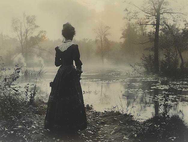 Photo a woman stands in front of a lake with the words  the word  on it