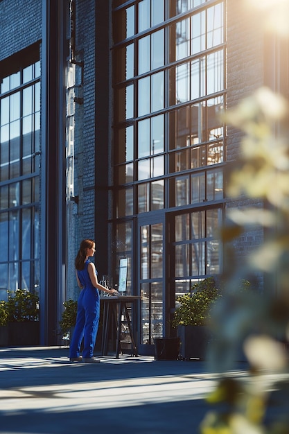 Photo a woman stands in front of a large building with a sign that says quot the word quot on it