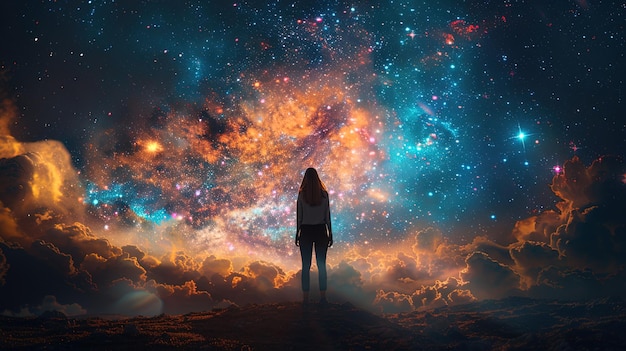 A woman stands in front of a large colorful galaxy