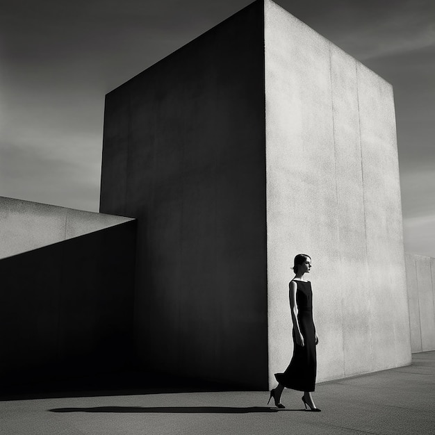 a woman stands in front of a large concrete structure