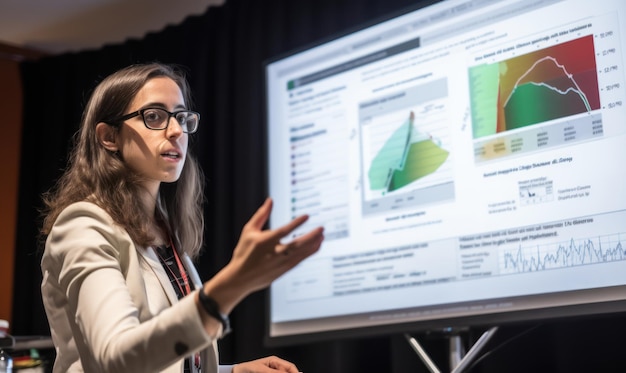 A woman stands in front of a large screen with a screen showing a screen showing a graph of the company's financial data.