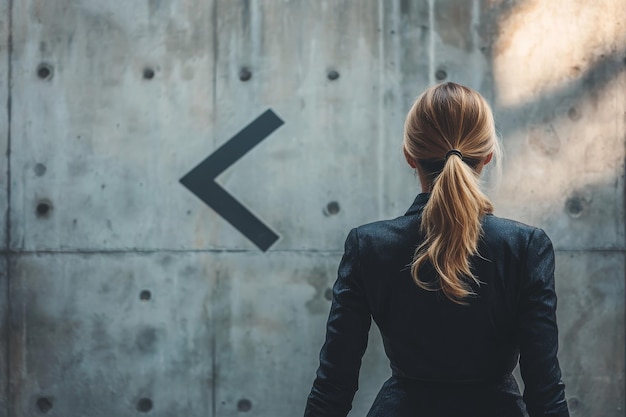 Photo a woman stands in front of a large shadow cast by an arrow on a blue wall