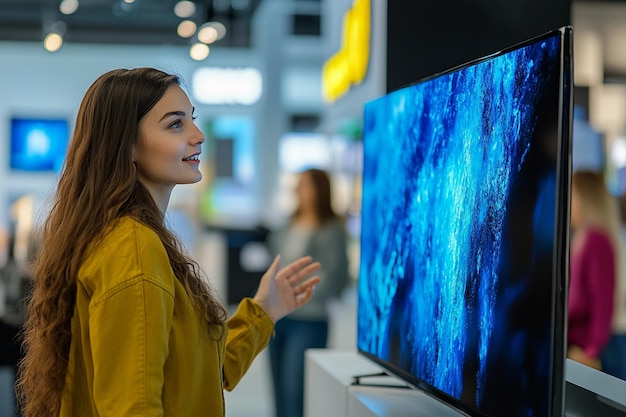 Photo a woman stands in front of a large tv with a blue ocean on the top