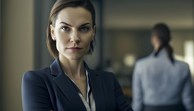 A woman stands in front of a man in a suit and looks at the camera.