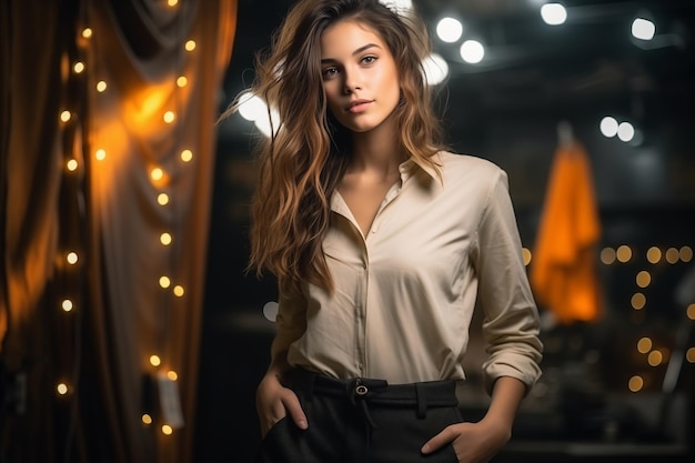 a woman stands in front of a mirror with a light on the background