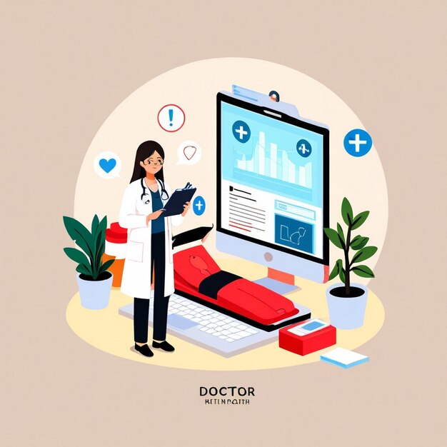 a woman stands in front of a monitor that says doctor on it