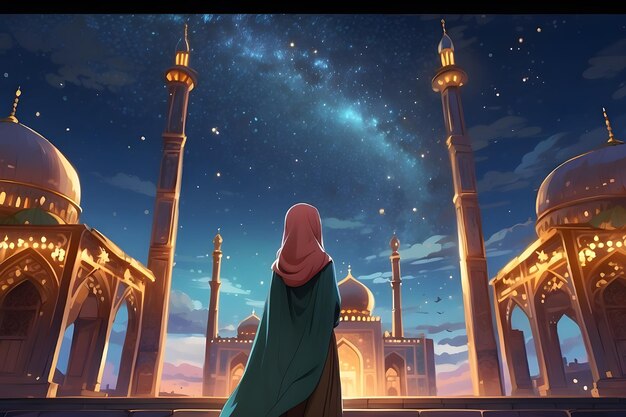 a woman stands in front of a mosque with a star in the sky