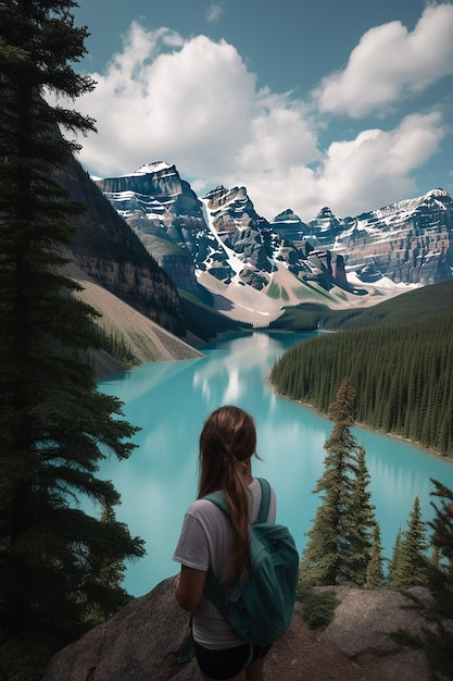 A woman stands in front of a mountain landscape with mountains in the background.