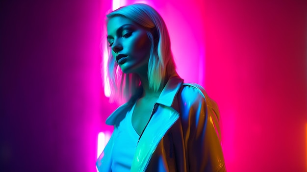 A woman stands in front of a neon light that says'neon'on it