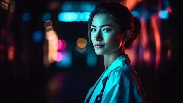 A woman stands in front of a neon light