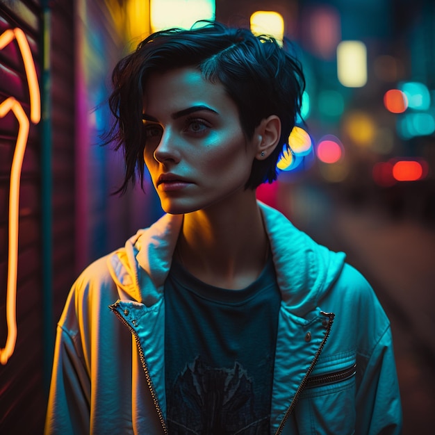 A woman stands in front of a neon sign Cyberpunk style