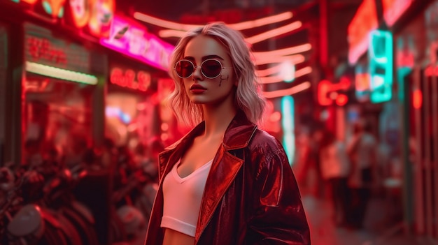 A woman stands in front of a neon sign that says'neon '