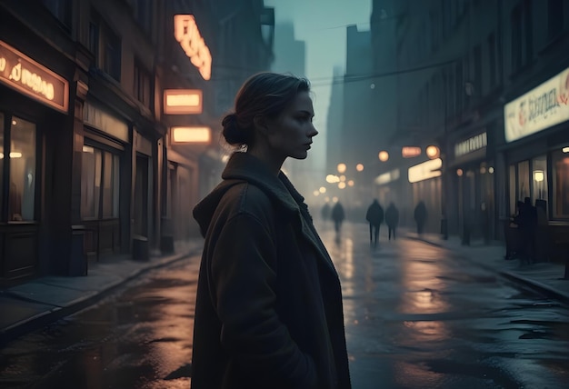 a woman stands in front of a neon sign