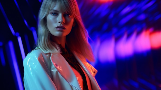 A woman stands in front of a neon wall with neon light background