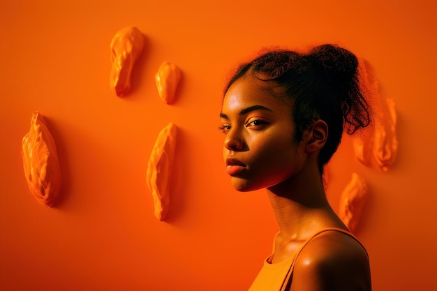 A woman stands in front of an orange background.