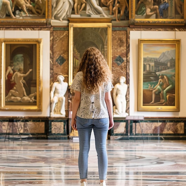 Photo a woman stands in front of a painting that says quot she is looking at it quot