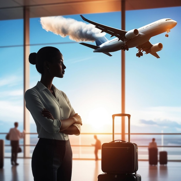 a woman stands in front of a plane with a plane flying above her