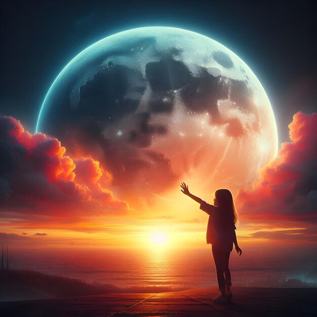 a woman stands in front of a planet with the sun behind her