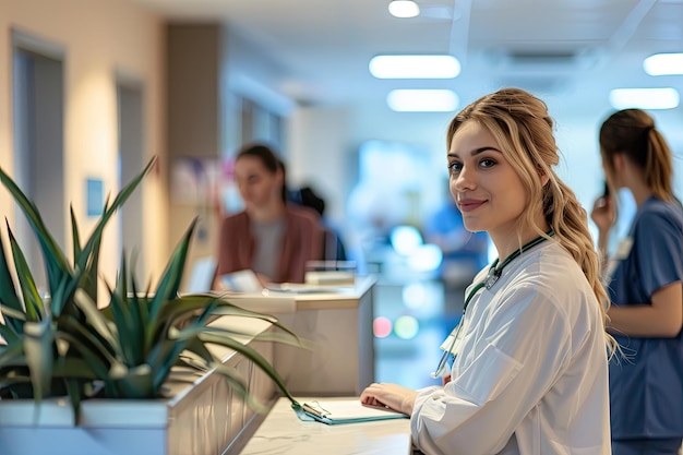 Photo a woman stands in front of a plant with a man behind her