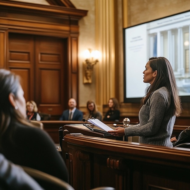 Photo a woman stands in front of a podium with a screen behind her