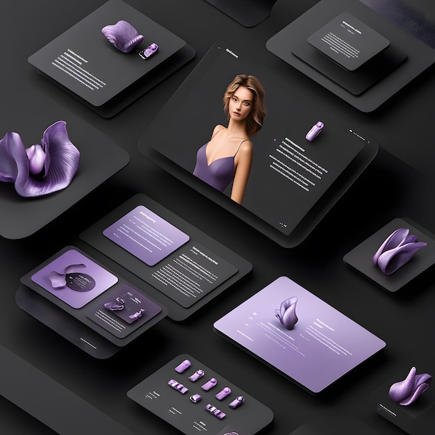 Photo a woman stands in front of a purple and black tablet with a purple flower on it