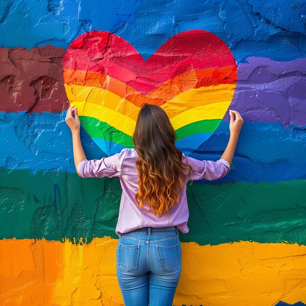 a woman stands in front of a rainbow colored wall with her hands in the air