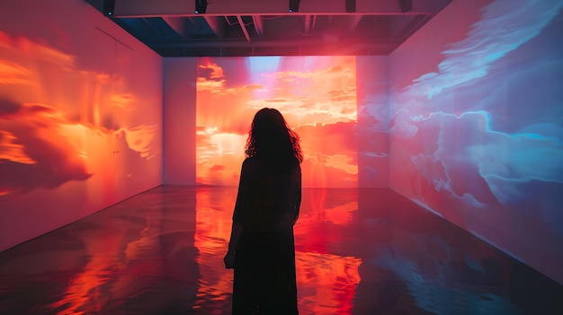 a woman stands in front of a red and blue light and a red light in the background