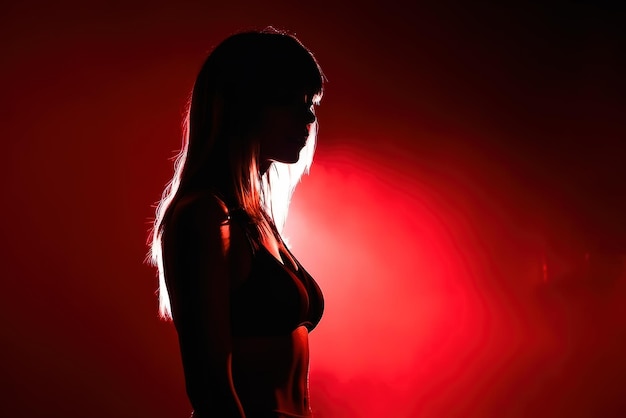 A woman stands in front of a red light