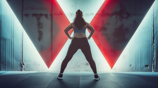 a woman stands in front of a red triangle with her hands on her hips