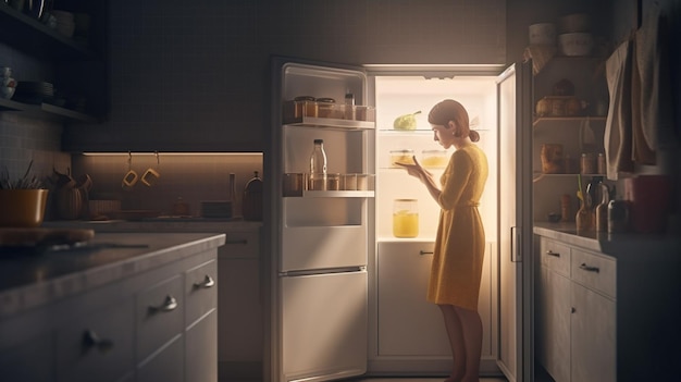 A woman stands in front of a refrigerator with a yellow dress that says'food'on it.