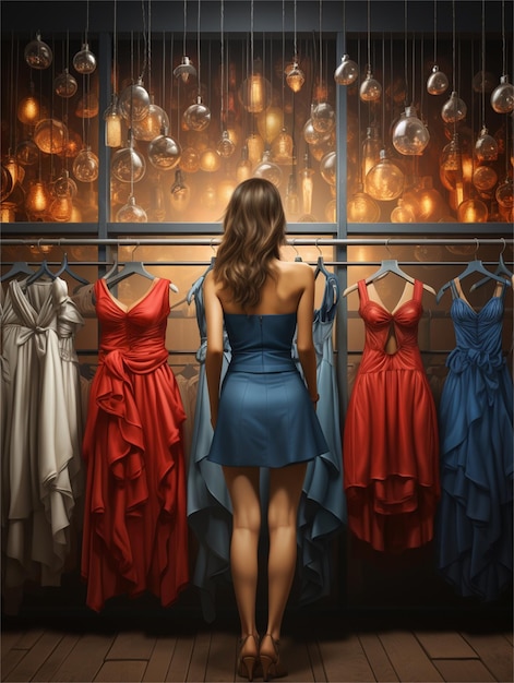 A woman stands in front of a row of dresses with the back turned to the left